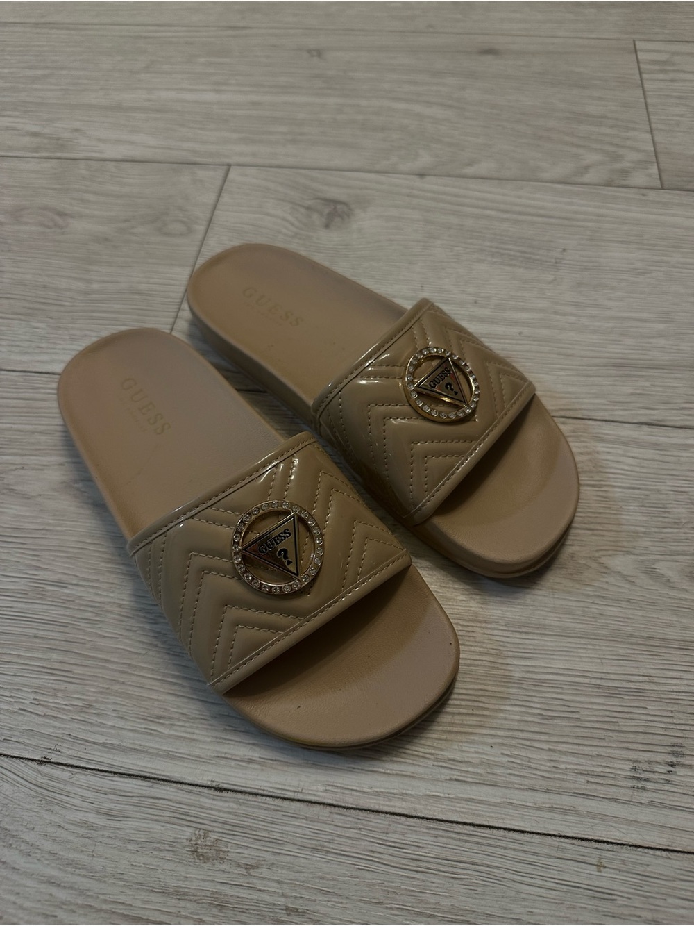 Guess Beige Quilted Slide Sandals with Gold Logo Medallion